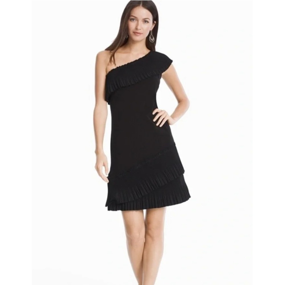 White House Black Market One Shoulder Pleated Dress Size 14 Ruffle Tiered LBD
